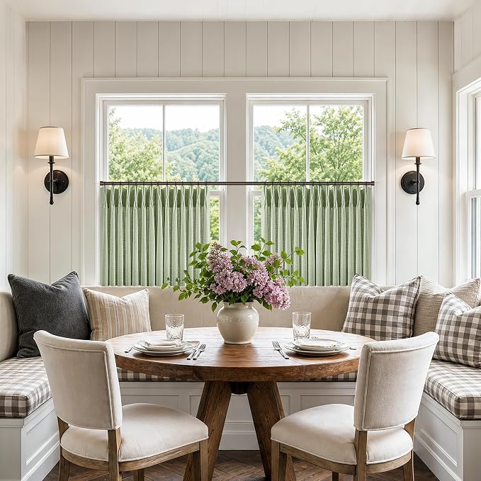 Sage Green Short Pinch Pleated Curtains 24 Inch 2 Panels Boho Country Light Filtering Linen Blend Small Window Curtain for Kitchen Dining Room Semi Sheer Privacy Flax Linen Pleat Drapes 40x24