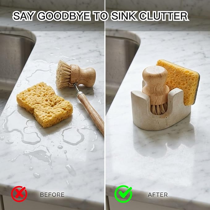 Travertine Sponge Holder for Kitchen Sink, 2-in-1 Sponge & Brush Holder, 2 Slot Natural Stone Sink Caddy for Countertop, Keeps Countertops Dry, Non-Slip Base, Elegant Kitchen Decor, Beige