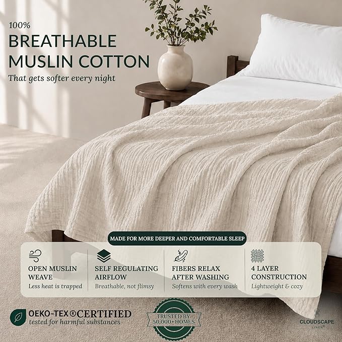 CLOUDSCAPE 4 Layer Muslin Blanket for Adults - 100% Cotton Blankets Twin Size for All-Season - 68"x92" Fits Upto TwinXL Bed - Ultra Soft Lightweight Breathable Cotton Blankets for Summer - Ivory