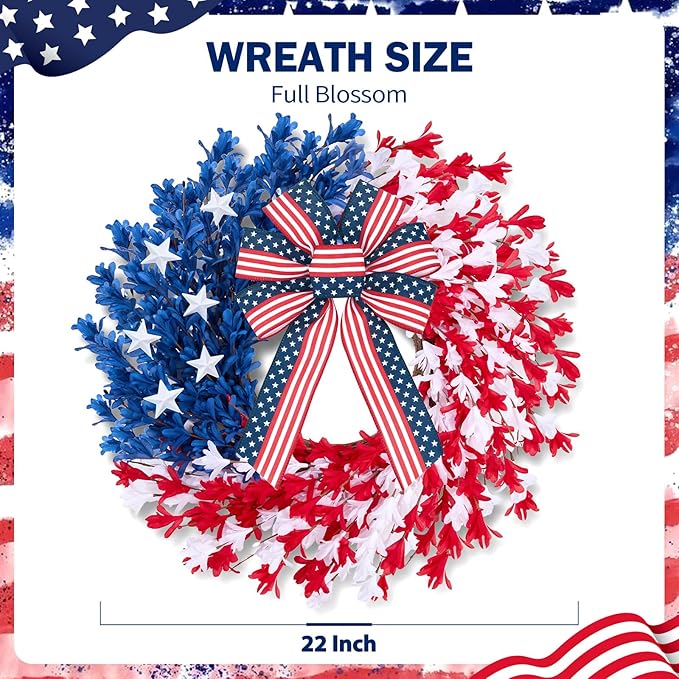 22 inch Patriotic Wreath, 4th of July Wreaths for Front Door, Red White Blue Anniversary Independence Day Memorial Day Wreath Indoor Outdoor Decor
