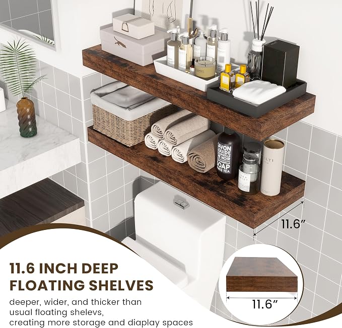 FLYJOE 36'' Brown Floating Shelves, 12 Inch Deep Shelves for Wall Set of 2 | 36'' x 12'' Rustic Brown Wood Shelves for Framhouse Living Room Bathroom Kitchen Laundry Room