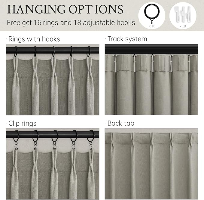 102 Inch Long Curtains Pinch Pleated Curtains for Living Room Sliding Door 2 Panels Rustic Grey Thick Linen Textured Memory Trained Light Filtering Pinch Pleat Curtain Drapes Gray Semi Sheer Bedroom