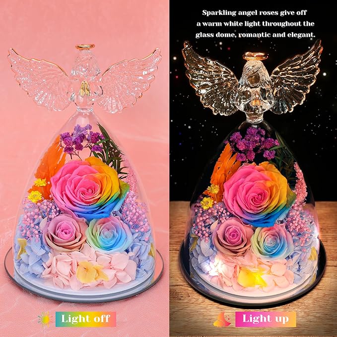 FIACO Gifts for Women Mom Preserved Rose Forever Flower in Glass Angel Figurine Fresh Flowers for Delivery Birthday Gifts for Grandma Wife Sister Eternal Roses