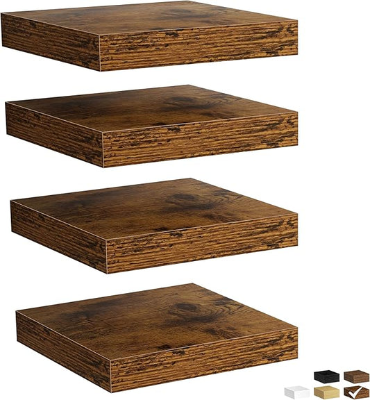 Fun Memories Floating Shelves for Wall, Rustic Wood Wall Mounted Shelves for Bathroom, Bedroom, Living Room and Kitchen, Storage & Home Decor (Set of 4, Brown, 9.3 in)