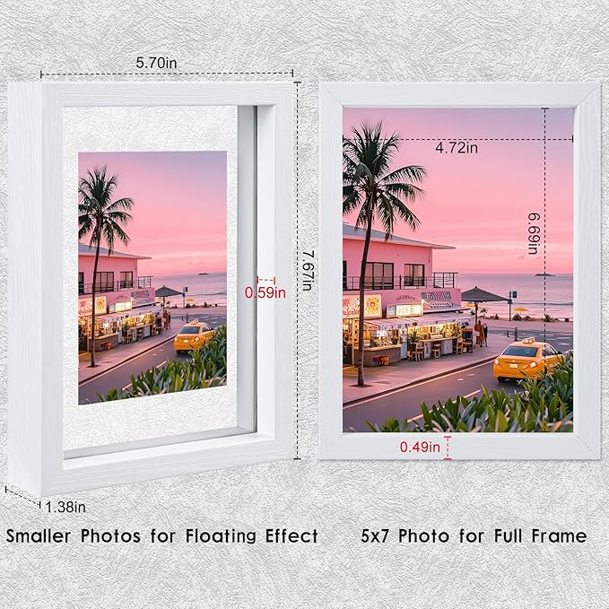 MUYE 5x7 Floating Frame Set of 2,Double Real Glass Photo Frame for Wall Hanging or Tabletop Standing,Also Display 4x6 or 3x5 Photo for Floating Effect,White
