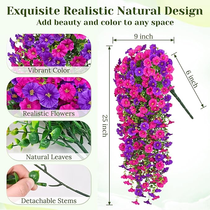 Dolicer 4 Packs Look Real Artificial Flowers for Outdoors, Fake Artificial Hanging Flowers for Outdoors Realistic UV Resistant Hanging Flowers Silk Petunia Faux Flowers for Porch Patio(Purple+Fuchsia)