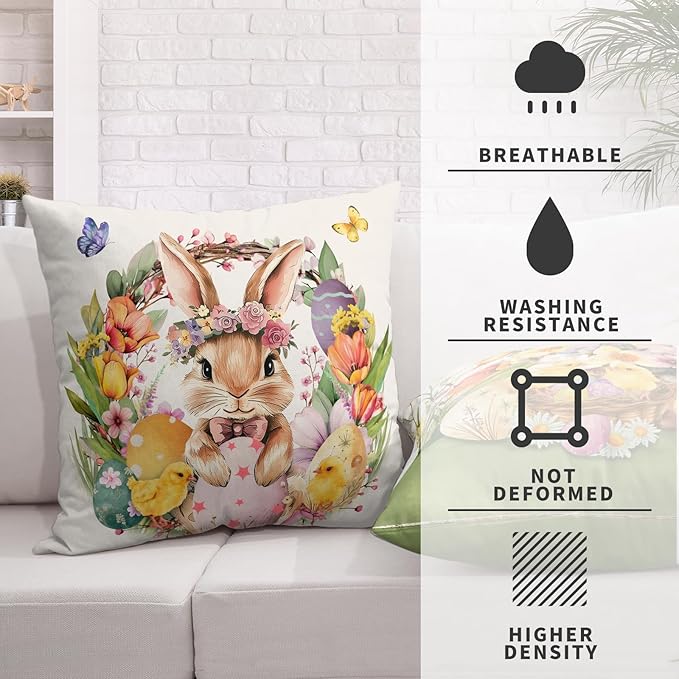 Easter Bunny Pillow Covers Lovely Rabbit with Tulip Flower Throw Pillow Covers 18x18 Set of 2 Colorful Eggs Pillow Cases Spring Floral Wreath Cushion Cases for Home Farmhouse