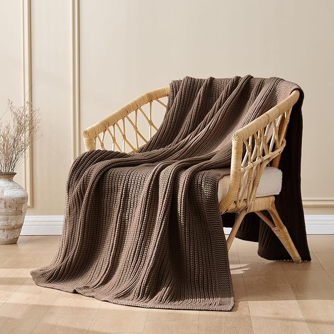 Chunky Knit Brown Throw Blanket for Couch Soft Cozy Knitted Blanket for Sofa Bed,Breathable All-Season Cute Decorative Throw for Living Room,60"x80",Dark Brown