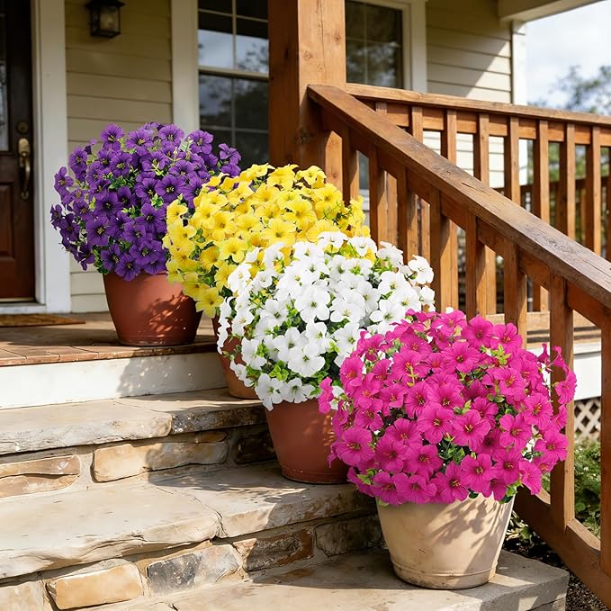 20 Bundles Artificial Petunias Flowers for Outdoors, Faux Silk Flowers UV Resistant Realistic Fake Plants for Outside Planters Porch Patio Yard Garden Spring Summer Home Decor, Multicolor