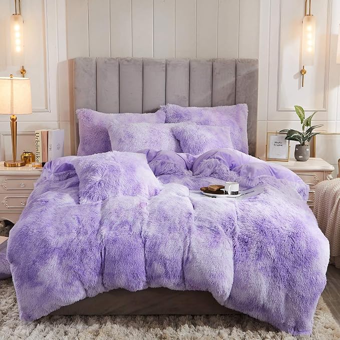 Tie Dye Printed Faux Fur Bedding Set Modern Abstract Shaggy Plush Duvet Cover with Pillow Shams, Ultra Soft Warm (King, Tie Dye Lilac)