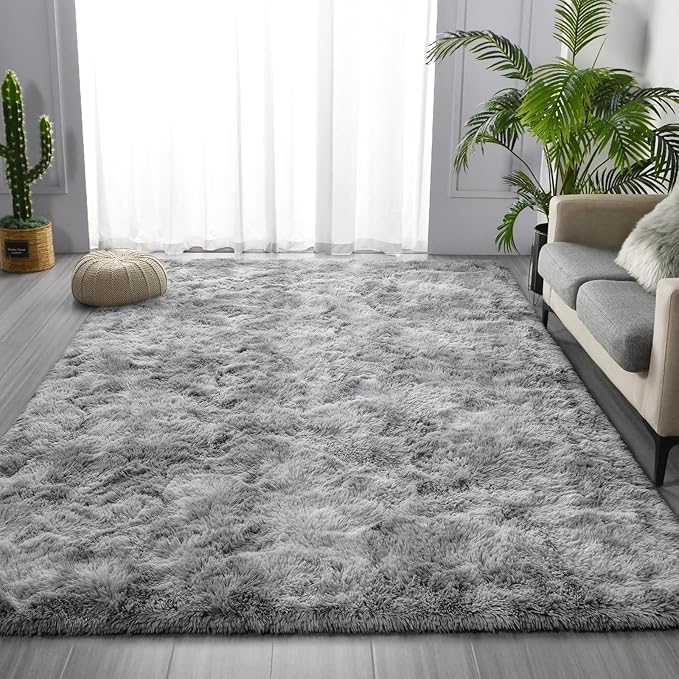 Deerhoo Large Shag Area Rugs 8 x 10, Tie-Dyed Plush Fuzzy Rugs for Living Room, Ultra Soft Fluffy Furry Rug for Bedroom, Indoor Carpet Nursery Rugs for Kids Room Home Decor, Light Grey