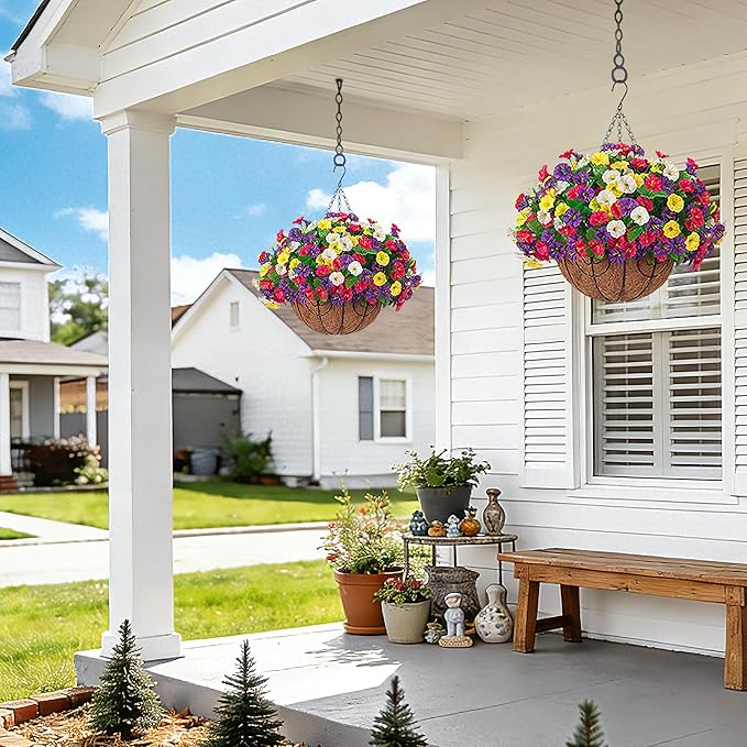 Ammyoo Artificial Fake Hanging Flowers with Basket, Faux Silk Morning Glory Flower Arrangement for Spring Summer Decor, Hanging Plant for Patio Garden Porch Outdoor Decor