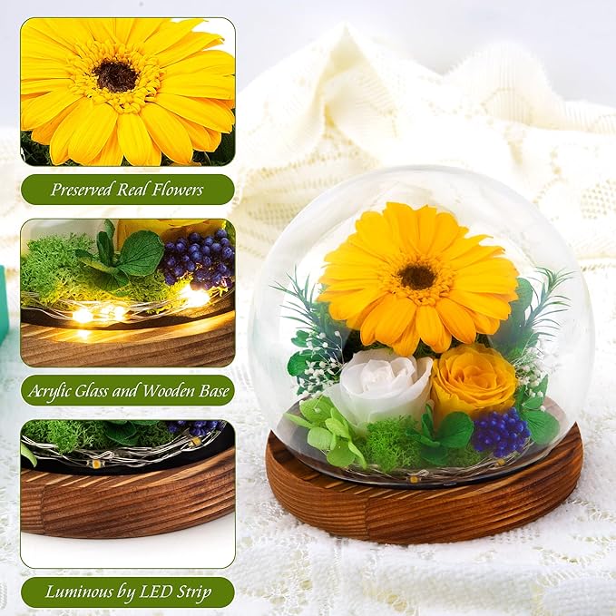 MOKOQI Sunflower Gifts for Women Mom Valentines Day Gifts for Her Preserved Real Flowers in Glass Dome with LED Strip, Forever Flowers Gifts for Wife Girlfriend Mom on Mother Day Birthday Christmas