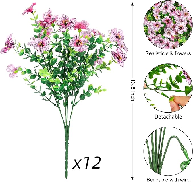 Ouddy Decor 12 Bundles Artificial Flowers for Outdoors Fake Silk Flowers UV Resistant Faux Plastic Plants for Spring Summer Garden Porch Window Box Table Vase Home Indoor Outdoor Decoration, Pink