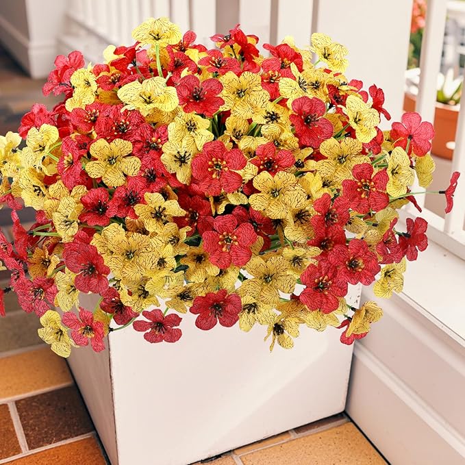 Geegoods Artificial Mums Flowers for Outdoors, 16 Bundles UV Resistant Fake Plastic Red and Yellow Flowers for Patio Porch Spring Summer Decor