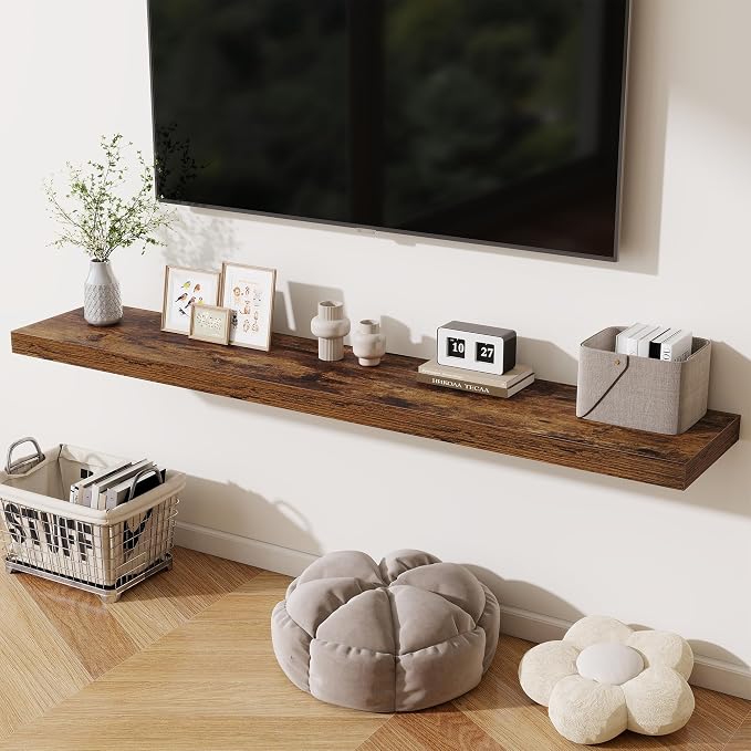Fun Memories 72 Inch Fireplace Mantel Shelf, 12 Inch Deep Shelves for Display & Wall Storage, Rustic Wood Wall Shelf, Extra Long Floating Shelves for Living Room Laundry Room, Rustic Brown, Set of 2