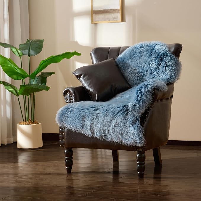 Premium Genuine Sheepskin Area Ruge - Real Wool Fur Shaggy Carpet | Fluffy Soft Natural Lambskin Rug Seat Chair Covers for Couch Sofa Bedroom Living Room(Dusty Blue,2×3 Feet Sheepskin)