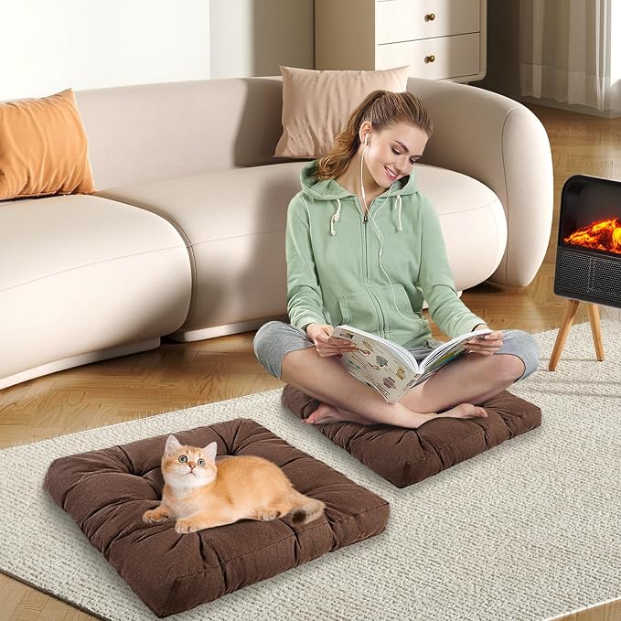 Meditation Floor Cushions, Thickened Floor Pillow for Adults, Large Square Pillows Seat Cushion for Tatami Living Room Yoga, Memory Sponge Block Added, 22x22 Inch, Brown