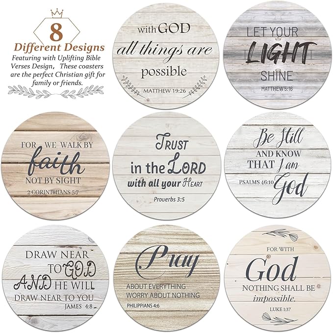 Billbotk Ceramic Coasters with Bible Verses, Christian Coasters Set of 8 with Holder, Absorbent Drink Coasters for Christian Gifts and Home Decor, 4 Inches