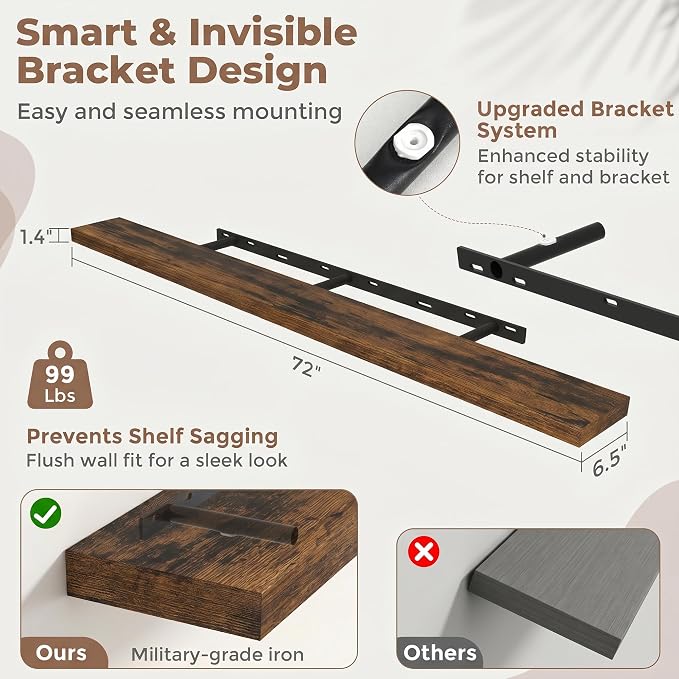 Venusmiles Floating Shelves for Wall, 72 Inch Floating Shelves Set of 2, 6.5" D Wooden Wall Mounted Display Shelves with Invisible Brackets for Living Room, Bedroom, Bathroom, Kitchen Decor, Brown