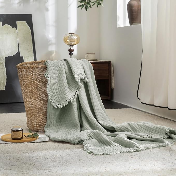 FOSSA Muslin Blanket 4-Layer 100% Cotton Gauze Blanket with Fringe 66"x90" | Super Soft Breathable Lightweight All Season & Decorative Blanket or Bed, Sofa, Office (Sage Green,Twin XL)