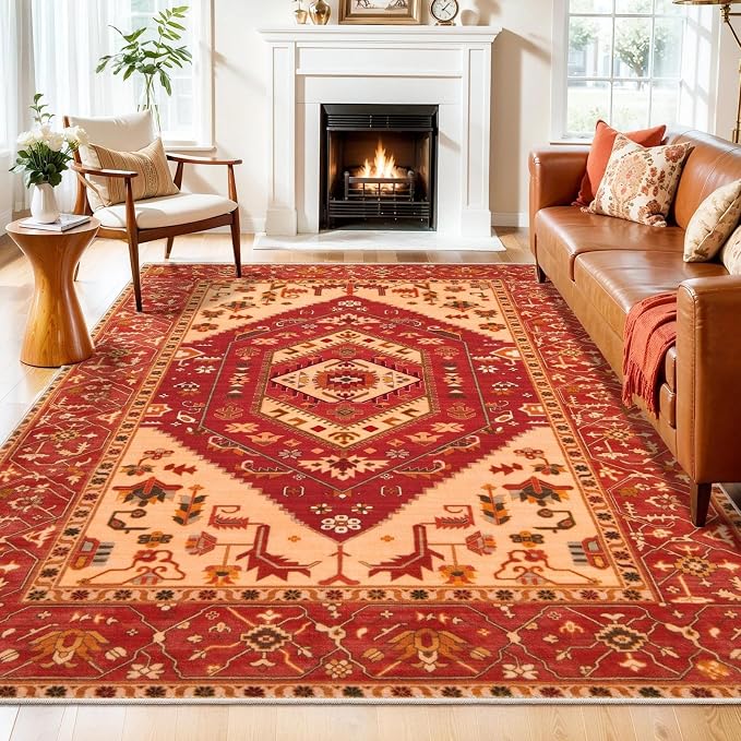 SERISSA 6x9 Area Rugs for Living Room, Large Washable Non-Slip Boho Rug, Ultra Soft Vintage Red Oriental Tribal Print Distressed Carpet for Dining Room Bedroom Dorm Office Home Decor