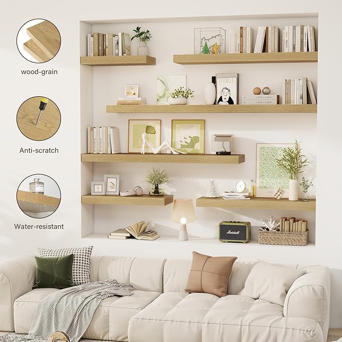 Acovy 55 Inch Floating Shelves, 12" Deep Floating Shelf Wall Mounted, 55" Wall Shelves, Rustic Deep Bookshelf, Extra Deeper & Thicker Display Shelves for Bedroom, Living Room, Oak, Set of 2