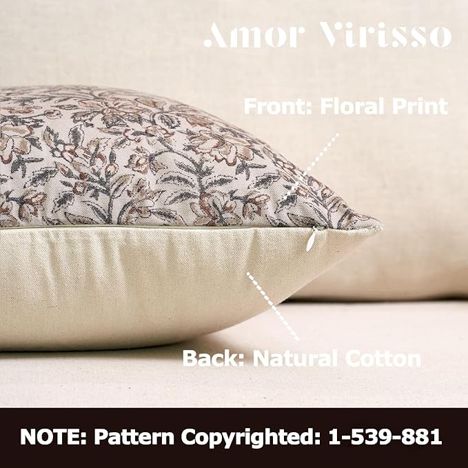 Amor Virisso Floral Throw Pillow Covers 24x24 Set of 2 Vintage Block Print Pillow Covers Decorative Pillow Covers Couch Pillows for Living Room Farmhouse Accent Sofa Pillows, Green/Sand