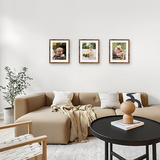 Picrit 10x12 Picture Frame Set of 12, Display 8x10 with Mat or 10x12 without Mat, Photo Frames for Wall Mounting or Table Top Display, Brown
