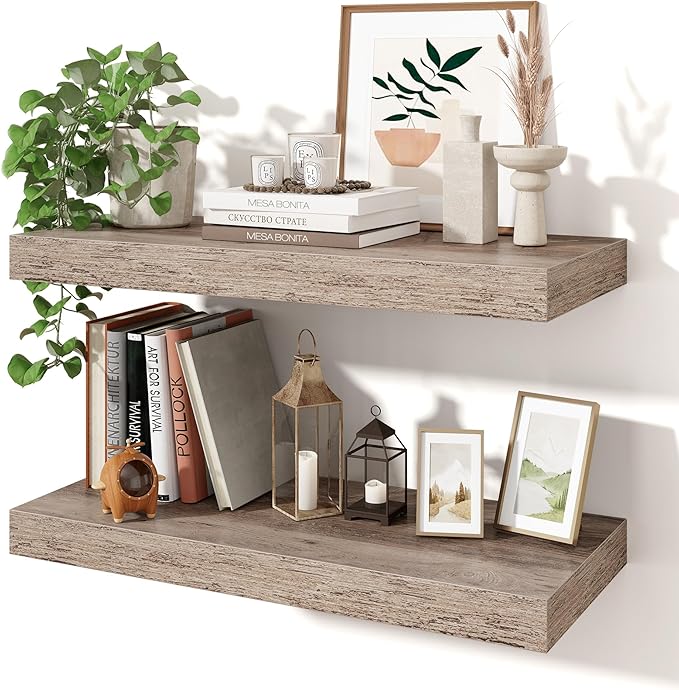 Axeman 24Inch Floating Shelves for Wall, 2 Pack Shelves for Bedroom, Bathroom, Kitchen, Hanging Wall Mounted Rustic Wood Shelf with Invisible Brackets for Books Decor, Grey