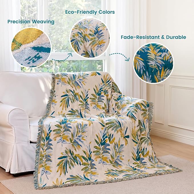 MSGKV Boho Throw Blanket for Bed Cotton 60"x80" Leaves Blanket Twin Size Couch All Seasons Muslin Summer Breathable Lightweight Farmhouse Blankets