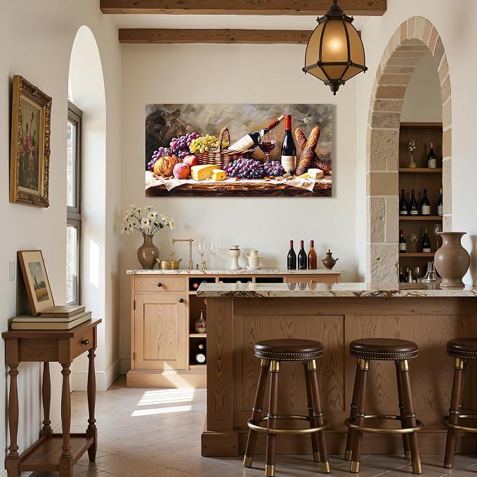 imjiayu Large Wall Art, Kitchen Wall Art, Wine Pictures Wall Decor, Framed Rustic Oil Painting Style Canvas Print, Grape Cheese Bread Still Life Wall Decor, Vintage Dining Room Home Bar Cafe Wall Art, 29"x57"