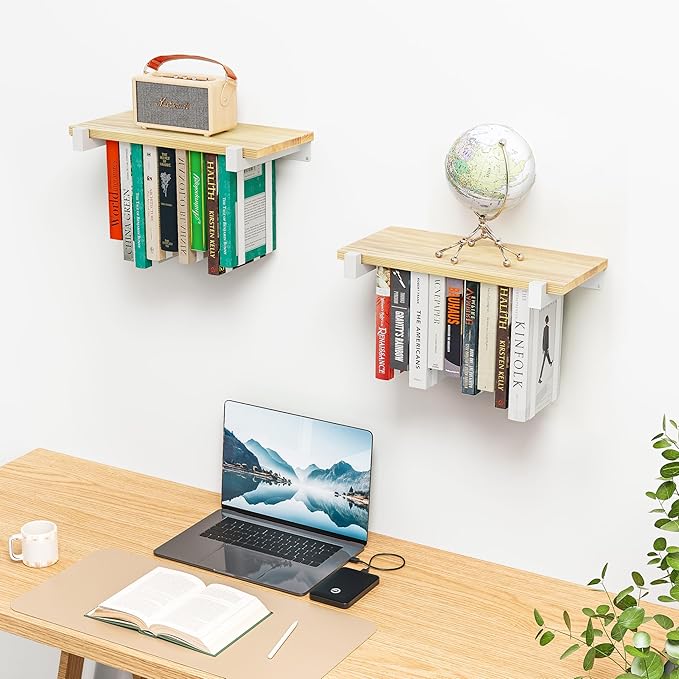 NANATI 2 Set of Floating Bookshelf with White Shelf Brackets, Pine Wood Invisible Bookshelf, Hanging Bookshelves for Wall, Unique Space Saving Wall Bookcase, White(16.5L×8.7W×1.5H)