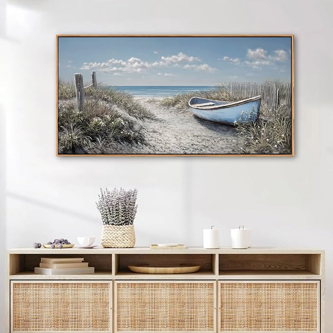 Coastal Wall Art for Living Room Vintage Boat Artwork for Walls, Framed Landscape Canvas Wall Art Blue Ocean Beach Pictures, Farmhouse Sailboat Bedroom Decor Above Bed 20×40IN