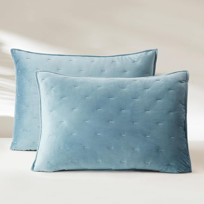 Lush Decor - Quilt Set, 3-Piece Cozy Velvet Bedding with Matching Shams, Embroidered Stitch Design (Haven Blue, King/California King)