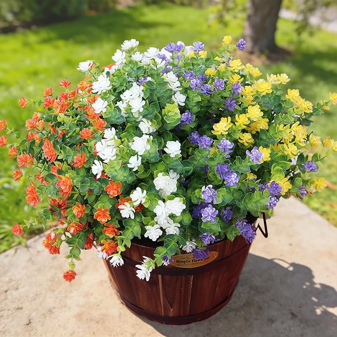 Artificial Flowers Outdoors, 12 Bundles Not-Fading Fake Flowers UV-Anti Faux Plastic Mix-Colored Plants for Indoor & Outdoor Porch Garden Vase Décor (4 Colors)