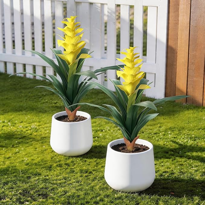 Ivydale Fake Flowers Plants for Outdoors, 2 Pcs 16.93" Bromeliad Artificial Flowers Uv Resistant Realistic Faux Flowers for Outdoor Planters Outside Porch Patio Yard Garden Indoor Decoration(Yellow)