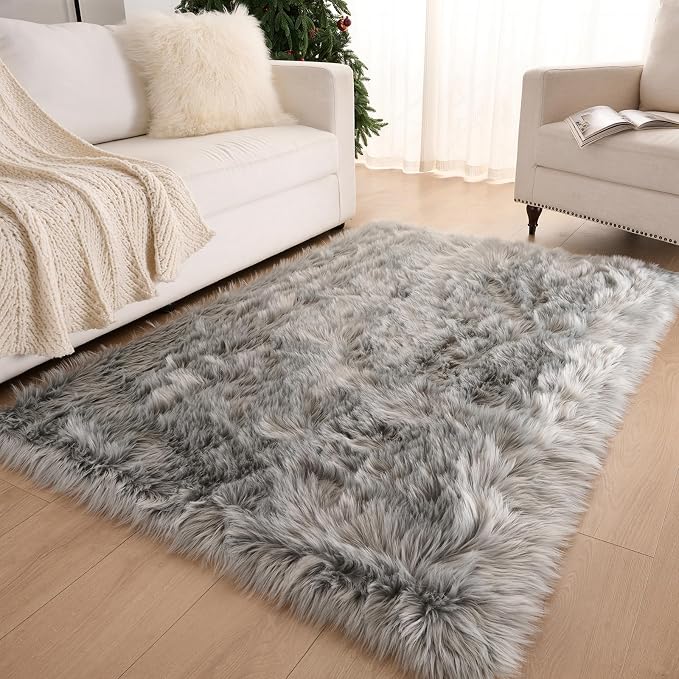 Faux Fur Rug Fluffy Sheepskin Area Rug,Ultra Soft Shaggy Plush Rug Bedroom Living Room Sofa Floor Kids Room Bedside（3 x 5 ft Rectangle Grey）