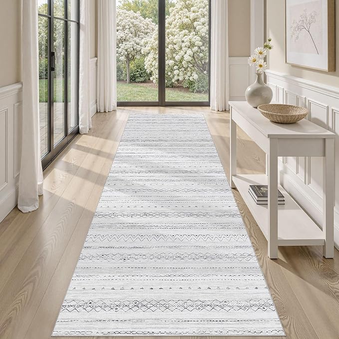 cotiled Hallway 2.6x10 Runner Rugs: Washable Boho Rugs with Non Slip Backing Large Soft Indoor Stain Resistant Carpet for Living Room Bedroom Farmhouse Dining Room Lightweight Home Decor Grey