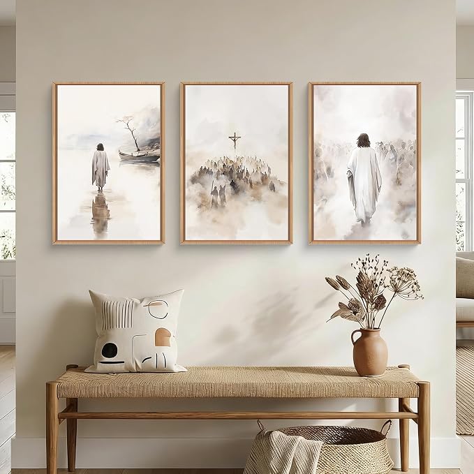 ARYROI Jesus Christ Walking On Water Framed Canvas Wall Art Set,Religious Christian Biblical Scenes Landscape Wall Decor,Watercolor Neutral Faith Scripture Cross Artwork for Living Room,Prayer Room,Church-24"x36"x3