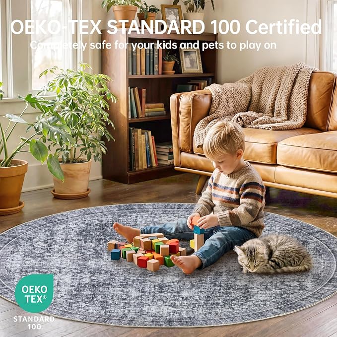 Sasttie Round Rug 4ft, Ultra-Soft Washable Circle Rug, Low Pile Foldable Thin Rugs with Non-Slip Backing, Skin-Friendly Stain Resistant Carpet for Living Room, Bedroom, Kitchen, Dorm, 4ft, Black Grey