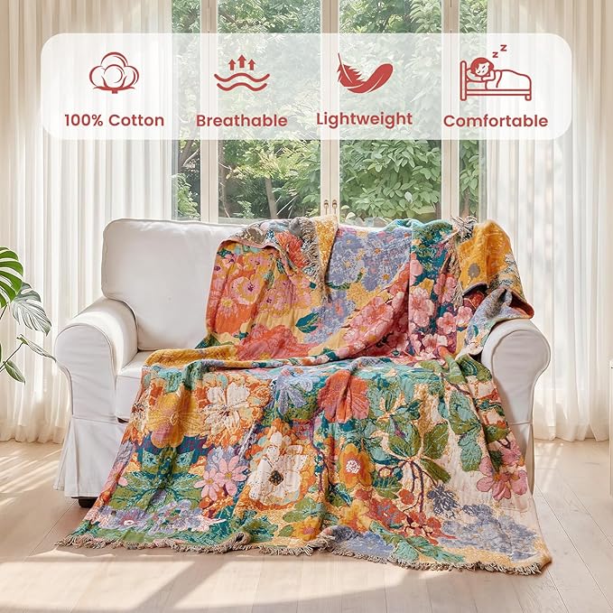 MSGKV Boho Throw Blanket for Couch 50"x60" Cotton Floral Blankets for Sofa Chair Summer Breathable Farmhouse Home Decor All Seasons Lightweight Muslin