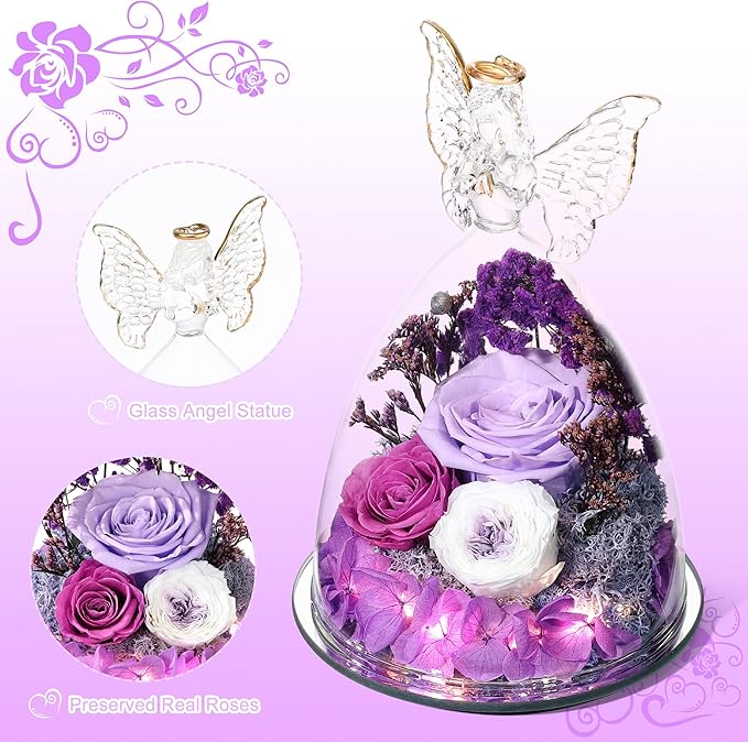 Mothers Day Rose Gifts for Women Preserved Real Flower in Glass Angel Figurines Roses for Delivery Prime Birthday Gifts for Mom Grandma Girlfriend Wife Her, Light Purple Austin Roses