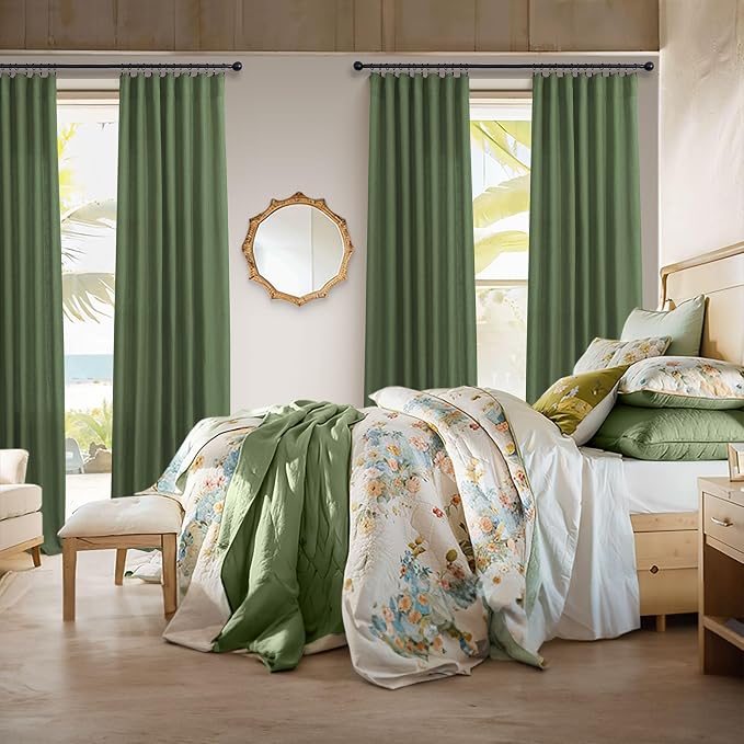 Pitalk Olive Green Curtains 90 Inch Length for Dining Room 2 Panel Set Back Tab Pocket Linen Sheer Boho Farmhouse Decoration Light Green Curtain for Boys Bedroom Baby Teen Toddler Playroom 7.5 FT Long