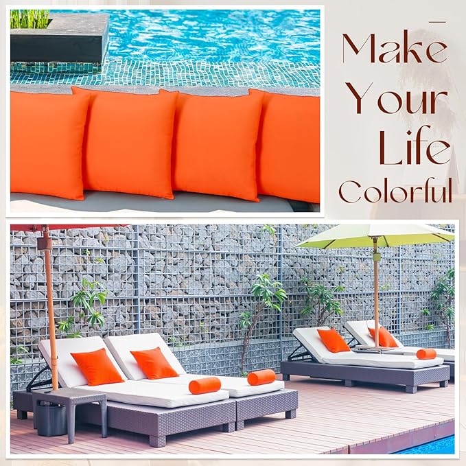Colingmill 4 Set Waterproof Orange Outdoor Throw Pillow Covers with 4 Pillow Inserts 18x18 Inch Decorative Waterproof Throw Cushion for Sofa Couch Home Patio
