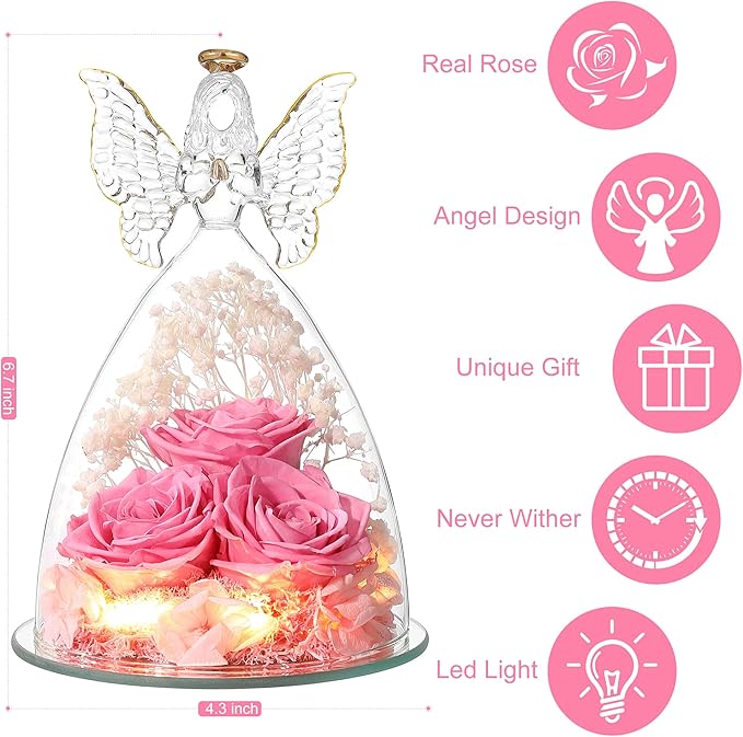 Mothers Day Rose Gifts for Women Preserved Real Flower in Glass Angel Figurines Roses for Delivery Prime Birthday Gifts for Mom Grandma Girlfriend Wife Her, Sweet Pink