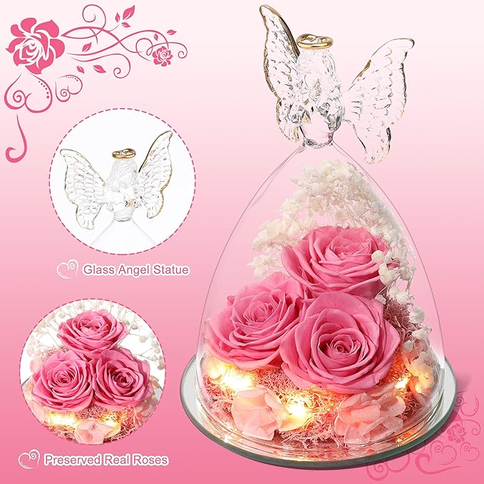 Mothers Day Rose Gifts for Women Preserved Real Flower in Glass Angel Figurines Roses for Delivery Prime Birthday Gifts for Mom Grandma Girlfriend Wife Her, Sweet Pink