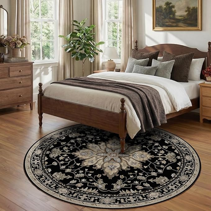 RELEANY Area Rugs 7ft Washable Non-Slip, Floral Vintage Distress Print Pattern Medallion Carpet for Living Room Bedroom Dining Room, Black Brown Neutral Dark Tan