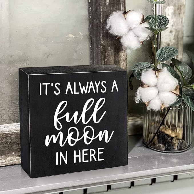 Wood Box Sign Cute Bathroom Decor Always a Full Moon - Funny Bathroom Signs Decor, Wooden Box moon Wall Art Sign Decor, Home Space Toilet Desk Plaque Black Halloween Farmhouse Decorations