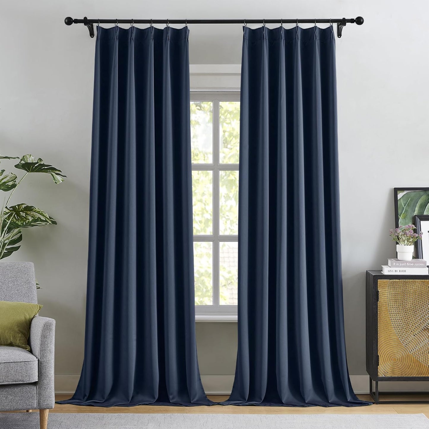 KangBang 102 Inch Blue Curtains Blackout Drapes for Living Room, Pinch Pleated Energy Saving Sound Reducing Polyester Memory Shape Window Panels with Hooks(Navy Blue,40Wx102L,2 Panels)